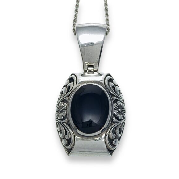 Vintage Sterling Silver 925 Floral Scroll Oval Black Onyx Pendant ONLY - Picture 1 of 4